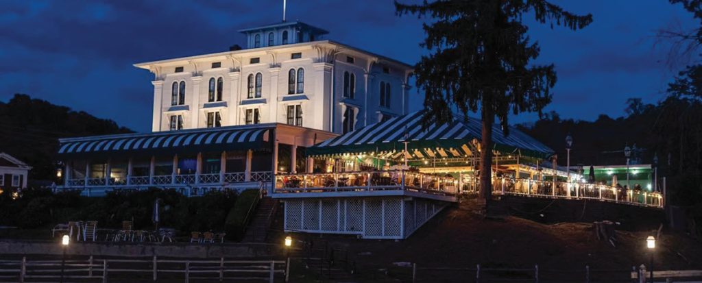 restaurant lit up at night