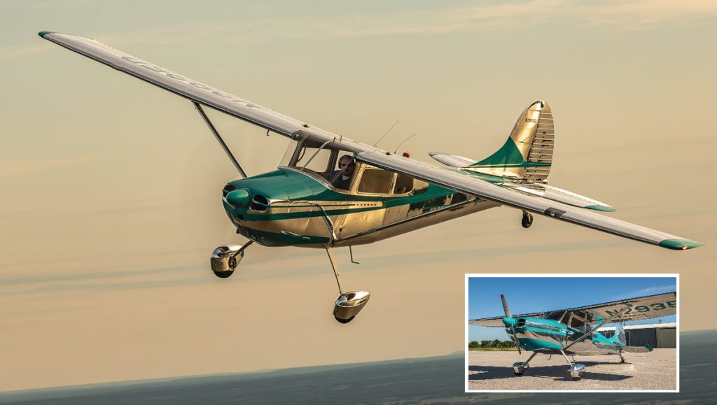 teal and silver 1955 Cessna 170B in-flight and on ground